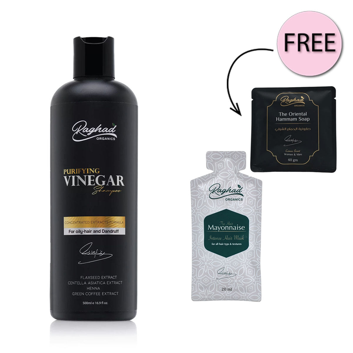 Raghad Organics Purifying Vinegar Shampoo 500ml + Free The Oriental Hammam Soap 40gm + Free Mayonnaise Hair Mask 20ml